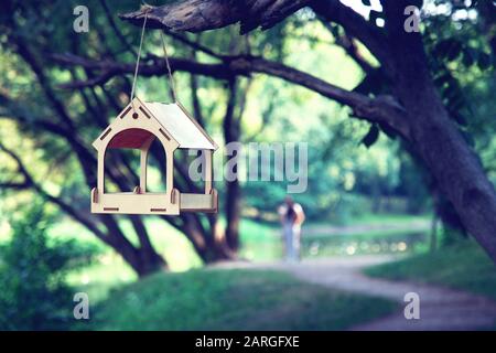 Kleiner hausförmiger Zubringer, der im Baumschatten hängt, verwischter Waldweg, romantisches Paar und Sonnenblendung auf Teichwasser als Hintergrund Stockfoto