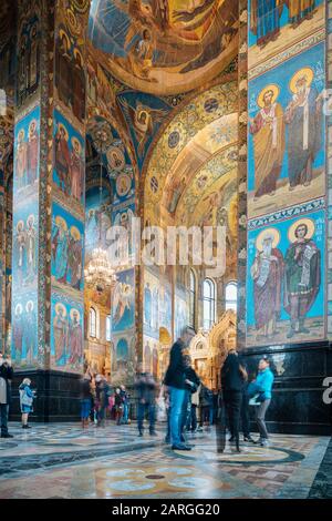Das Innere der Erlöserkirche auf Verschüttetem Blut (Kirche der Auferstehung), UNESCO-Weltkulturerbe, Sankt Petersburg, Oblast Leningrad, Russland Stockfoto