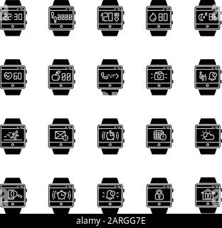 Fitness-Tracker-Funktionen Glyph-Symbole gesetzt. Silhouettensymbole. Smartwatch-Funktionen und Wellness-Services. Gesundheitsanwendungen, Schlafüberwachung, t Stock Vektor