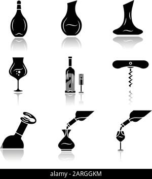 Alkohol Getränke Geschirr Schlagschatten schwarze Glyphe Symbole gesetzt. Weingläser, Dekanter, Flaschen. Folienschneider, Korkenzieher. Glaswaren, Cocktail, Getränke-SE Stock Vektor