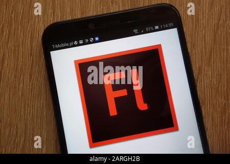 Das Adobe Flash-Logo wird auf einem modernen Smartphone angezeigt Stockfoto