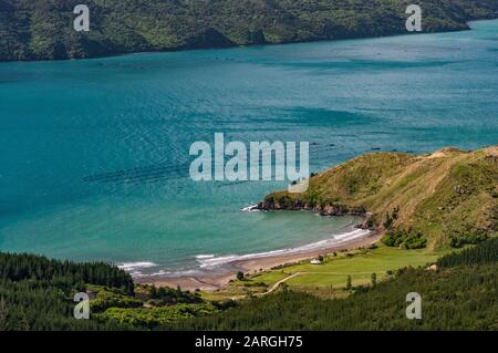 Muschel-Farm in Squally Cove, Blick von der Croisilles French Pass Road, in der Nähe des Dorfes Okiwi Bay, Marlborough Region, South Island, Neuseeland Stockfoto