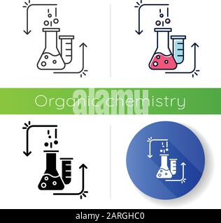 Chemische Reaktion im Labor-Kolben-Symbol. Organische Chemie. Durchführung von Experimenten. Laborarbeiten. Interaktion mit Chemikalien. Flaches Design, linear, schwarz Stock Vektor