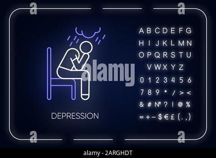 Symbol für depressive Neonbeleuchtung. Trauriger und besorgter Mann. Weinende Person. Chronische Erschöpfung und Erschöpfung. Psychische Störung. Leuchtendes Zeichen mit Alphabet, Zahlen a Stock Vektor