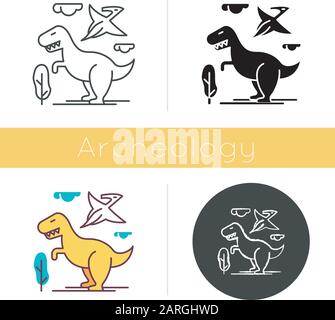 Dinosaurier-Symbol. Prähistorische Tiere. Tyrannosaurus rex. Fliegendes Pterodactyl. Jurassic Park. Uralte Tierwelt. Archäologie und Geschichte. Flaches Design, Linie Stock Vektor