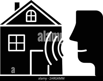 Smart Home Control Glyph-Symbol. Sprachverwaltung. Entfernter Befehl. Sprache, Soundwelle. Innovative Technologie, Automatisierungssystem. Silhouettensymbol. Nega Stock Vektor