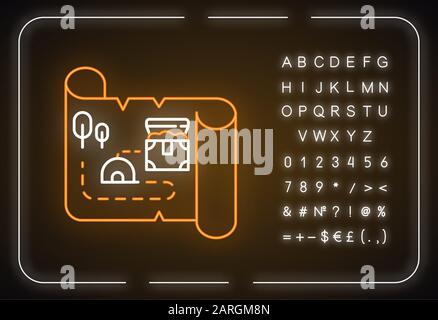 Schatzkarte Neon-Licht-Symbol. Altes Manuskript. Alte Bildlaufleiste. Fundstelle der Schatzkiste. Historische Artefakte. Piratengold. Leuchtendes Zeichen mit Alphabet, Stock Vektor
