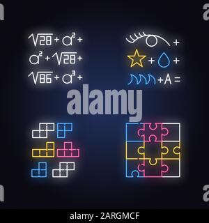 Puzzles und Rätsel Neon-Licht-Symbole gesetzt. Rebus. Blockpuzzle, Kachelabgleich. Stichsäge. Logikspiele. Mentale Bewegung. Hirn-Teaser. Lösungsfindung. Gl Stock Vektor