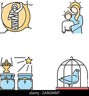 Bible Narratives Farbsymbole gesetzt. Erweckt Lazarus, Jungfrau Maria mit Sohn Jesus, Geschenke des Magis, Taube im Käfig. Osterwoche. Geschichten aus dem Gospel. Hol Es Stock Vektor
