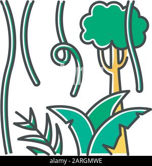 Regenwaldpflanzen und Bäume färben Symbol. Immergrüne Waldreben. Lianas und Farn Frond. Reise in den indonesischen Dschungel. Entdecken Sie die Natur Balis. Erkunden von t Stock Vektor