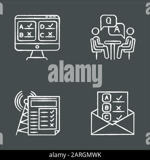 Umfragemethoden Kreidesymbole festgelegt. Online, E-Mail, Umfrage zur Internetverbindung. Interview. Öffentliche Meinung. Kundenbewertung. Feedback. Datenerfassung. Isolat Stock Vektor