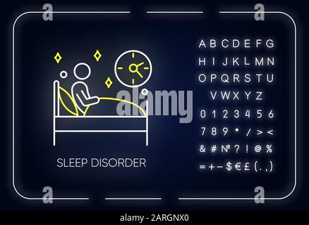 Symbol für Schlafentzug mit Neonlicht. Schlaflosigkeit. Mann im Bett. Nachts wach. Gestörter Schlaf. Dyssomnia. Psychische Störung. Leuchtendes Zeichen mit Alphabet, taub Stock Vektor