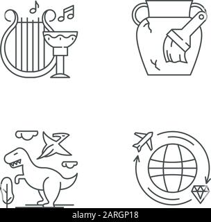 Lineare Symbole für die Archäologie festgelegt. Alte Kultur. Amphora-Wiederherstellung. Dinosaurier. Prähistorische Tiere. Schatzsuche. Kontursymbole mit dünnen Linien. Isoliert Stock Vektor