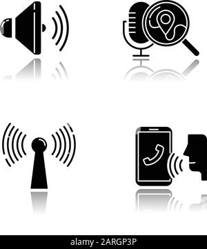 Spracherkennung Schlagschatten schwarze Glyphe Symbole gesetzt. Idee zur Sprachsteuerung. Soundwave, Sprachbefehl, CAB-Reihenfolge. Interaktives Antwortsystem. Sprechen und l Stock Vektor