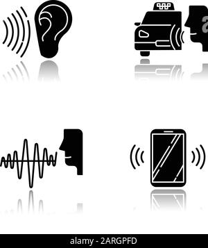 Spracherkennung Schlagschatten schwarze Glyphe Symbole gesetzt. Idee zur Sprachsteuerung. Soundwave, Sprachbefehl, CAB-Reihenfolge. Interaktives Antwortsystem. Sprechen und l Stock Vektor
