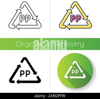 PP-Symbol. Thermoplastische Polymermarkierung. ID-Code für Harz. Pfeildreieck. Organische Chemie. Flaches Design, linearer, schwarzer und farbiger Styl Stock Vektor