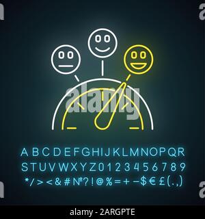 Symbol für die Leuchtreklame mit Zufriedenheits Gute und schlechte Erfahrung. Emotionsmessgerät. Positiv, negativ. Skalieren mit Emoticons. Leuchtendes Zeichen mit Alphabet, taub Stock Vektor