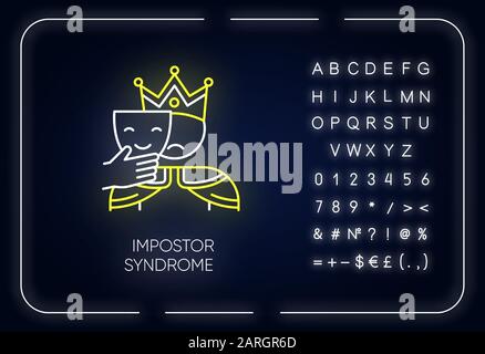 Symbol für das Neon-Licht des Impostor-Syndroms. Trauriger Mann mit lächelndem Gesicht. Betrug, Zweifel. Erfahrung mit dem Impostorismus. Scheinheiligkeit. Mentales Problem. Leuchtendes Zeichen mit Alphabet, Stock Vektor