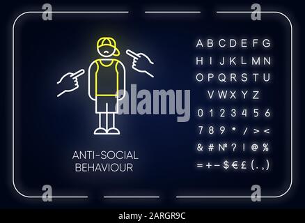 Symbol für anti-soziales Verhalten in Neonlicht. Belästigung und Mobbing. Teenager-Depression. Aggressive Öffentlichkeit. Psychische Störung. Leuchtendes Zeichen mit Alphabet, nu Stock Vektor