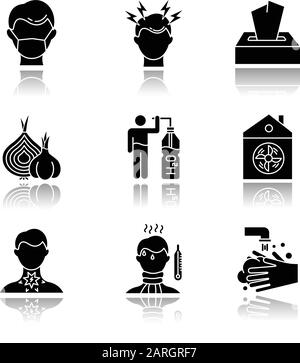 Allgemeine schwarze Glyph-Symbole für Kaltschatten. Medizinische Einwegmaske. Kopfschmerzen. Wischtücher, Gewebe. Zwiebel, Knoblauch. Trinken Sie Wasser. Belüftung. Halsschmerzen Stock Vektor