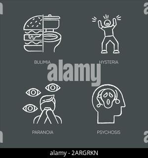 Kreidesymbole für psychische Störungen gesetzt. Bulimie. Essstörung. Hysterie. Panikangriff. Angst, Depression. Paranoia. Angst und Kobie. Psychose. Isoliert Stock Vektor