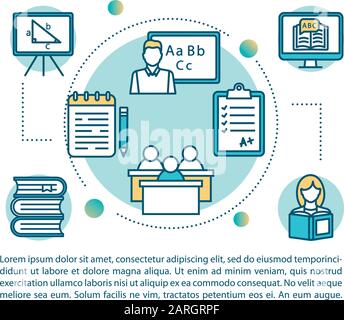 Symbol für das Konzept der Universitätsklasse mit Text. Lernen und Lernen. Schulprojekt. Abhandlungen und Prüfungen. Vektorvorlage für Artikelseiten. Broschüre, Magazin, Bo Stock Vektor