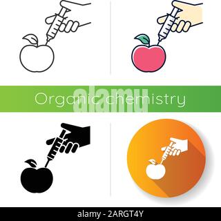 Roter apfel mit Spritzensymbol. Gentechnisch veränderte Lebensmittel. Organische Chemie. DNA-Modifikation. Agrartechnologien. Flaches Design, linear, schwarz und Stock Vektor