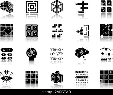 Puzzles und Rätsel setzen schwarze Glyph-Symbole in den Schatten. Mentale Bewegung. Herausforderung. Sprache, Wortschatztest. Hirn-Teaser. Problemlösung. Lösung Stock Vektor