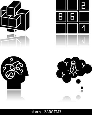 Puzzles und Rätsel setzen schwarze Glyph-Symbole in den Schatten. Sudoku. Verwirrte Meinung. Problemlösungsprozess. Gedankenblase. Mechanische Rätsel. Logikspiele. Stock Vektor