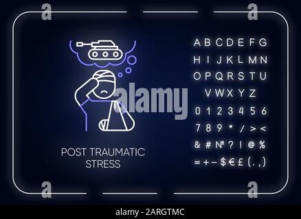 Symbol für posttraumatisches Neon-Licht. Veteran mit Angst. Depressiver Soldat. PTSD-Psychotherapie. Psychische Störung. Leuchtendes Zeichen mit Alphabet, numbe Stock Vektor