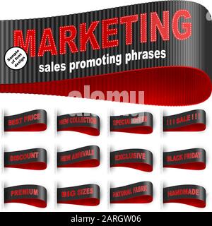 Kleidungsetiketten zum Verkauf; Tags mit gestickten Marketingphrasen; Bester Preis, große Größen, Rabatt, Verkauf, Angebot, Handgefertigt, Black friday Stock Vektor