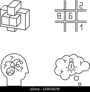 Puzzles und Rätsel lineare Symbole gesetzt. Sudoku. Verwirrte Meinung. Problemlösungsprozess. Gedankenblase. Mechanisches Puzzle. Kontursymbole mit dünnen Linien. Iso Stock Vektor