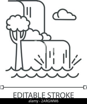 Lineares Symbol für Wasserfalllandschaft. Urlaub in Indonesien. Tropische Dschungelflüsse. Wasserkaskade im Regenwald. Dünne Linie. Kontursymbol. V Stock Vektor
