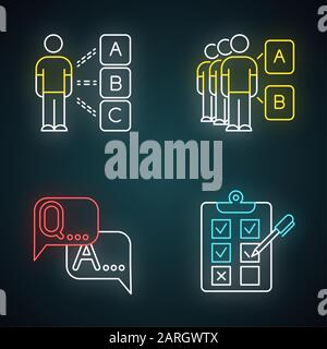 Übersicht Neon-Licht-Symbole eingestellt. Persönliche Fragen. Soziale Meinung. Gruppentest. FAQs-Zeichen. Frage, Antwort. Schriftliche Checkliste. Teilen Sie Ihre Meinung. Häkchen Stock Vektor