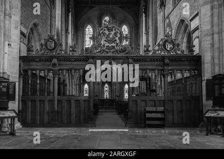 Oak Screen und Nave Church of Holy Trinity und St Mary Abbey Dore, Herefordshire UK. Faburuary 2019 Stockfoto