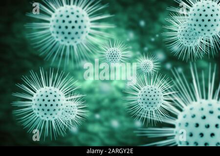 3D-Abbildung Virusinfektion, die chronische Erkrankungen verursacht. Corona-Virus, Hepatitisviren, Influenza-Virus H1N1, Grippe, Zellinfiz-Organismus, Hilfsmittel. Virus Stockfoto