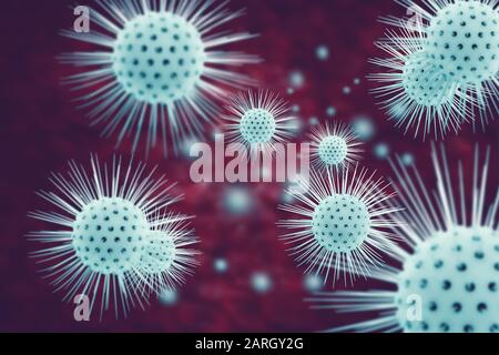 3D-Abbildung Virusinfektion, die chronische Erkrankungen verursacht. Corona-Virus, Hepatitisviren, Influenza-Virus H1N1, Grippe, Zellinfiz-Organismus, Hilfsmittel. Virus Stockfoto