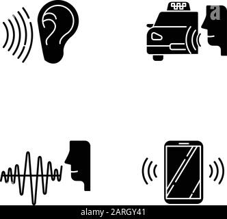 Spracherkennungssymbole festgelegt. Sprachsteuerung. Soundwave, Sprachbefehl, CAB-Reihenfolge. Interaktives Antwortsystem. Sprechen und zuhören. Silhouetten-Symbol Stock Vektor