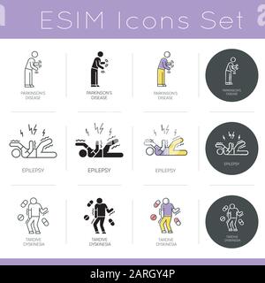 Symbole für psychische Störungen festgelegt. Parkinson-Krankheit. Epileptischer Schlaganfall und Anfall. Tardive Dyskinesien. Psychologie und Neurologie. Flaches Design, linear, schwarz a Stock Vektor