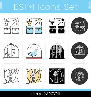 Symbole für Bibelerzählungen gesetzt. Geschenke des Magis, Taube im Käfig, Erweckung des Lazarus. Neues Testamente. Gospel Story. Flaches Design, linear, schwarz und farbig Stock Vektor