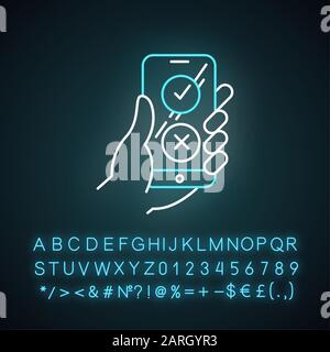 Online-Umfrage Neon-Licht-Symbol. Checklistenschaltflächen auf dem Smartphone-Bildschirm. Option "zustimmen" und "nicht zustimmen". Teilen Sie Ihre Meinung. Leuchtendes Zeichen mit Alphabet, Zahlen a Stock Vektor