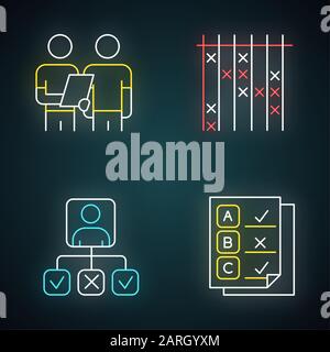 Übersicht Neon-Licht-Symbole eingestellt. Interview, Befragung. Prüflistenmarkierung. Sammlung und Analyse von Informationen. Persönliches Profil. Fragebogen, Test. Liste prüfen. Stock Vektor