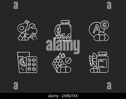 Kreidesymbole für die Vitaminaufnahme eingestellt. Gemüse und Obst für das Gesundheitswesen. Pharmazeutische Hilfe. Nahrungsergänzungsmittel. Medikamente und Pillen. Multivitaminkomplex. Stock Vektor