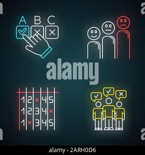 Übersicht Neon-Licht-Symbole eingestellt. Wählen Sie die richtige Option. Kundenzufriedenheit. Emoticons. Wählen Sie Nummer. Checkliste. Massenabfrage. Öffentliche Meinung. Vot Stock Vektor