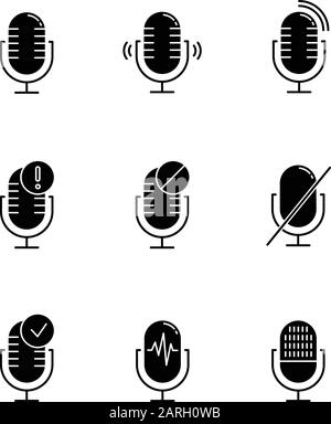 Problem mit der Mikrofonverbindung Glyphe Symbole eingestellt. Soundrekorder Idee. Angeschlossene Mikrofone. Verschiedene Sprachbefehle. Moderne Musikausstattung. Silhouetten-Symb Stock Vektor