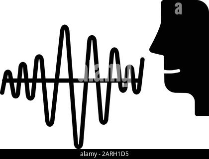 Kurvenreiche Soundwave Glyph-Symbol. Sprachfrequenz. Wellenamplitude der menschlichen Rede. Sound produzierende Schema. Sprachbefehl. Gespräch, Gespräch. Silhouettensym Stock Vektor