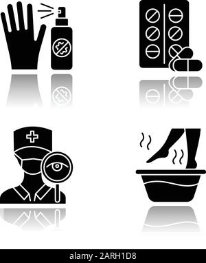 Allgemeine schwarze Glyph-Symbole für Kaltschatten. Antiseptischer Handreiniger. Pillen und Medikamente. Beobachtung durch den Arzt. Klinik- und Krankenhausbesuch. Heißer Fuß Stock Vektor