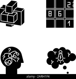 Puzzles und Rätsel Glyph-Symbole gesetzt. Sudoku. Verwirrte Meinung. Problemlösungsprozess. Gedankenblase. Mechanische Rätsel. Logikspiele. Hirn-Teaser. Sil Stock Vektor