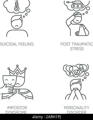 Lineare Symbole für psychische Störungen festgelegt. Selbstmordgefühl. Traumatischer Stress. Impostor-Syndrom. Persönlichkeitsstörung. Kontursymbole mit dünnen Linien. Isolieren Stock Vektor
