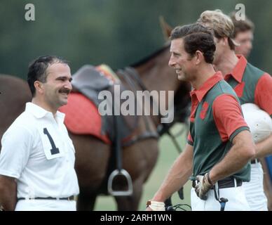 Prinz El Hassan bin Talal und Prinz Charles, Guards Polo Club, Windsor, Großbritannien 1987 Stockfoto